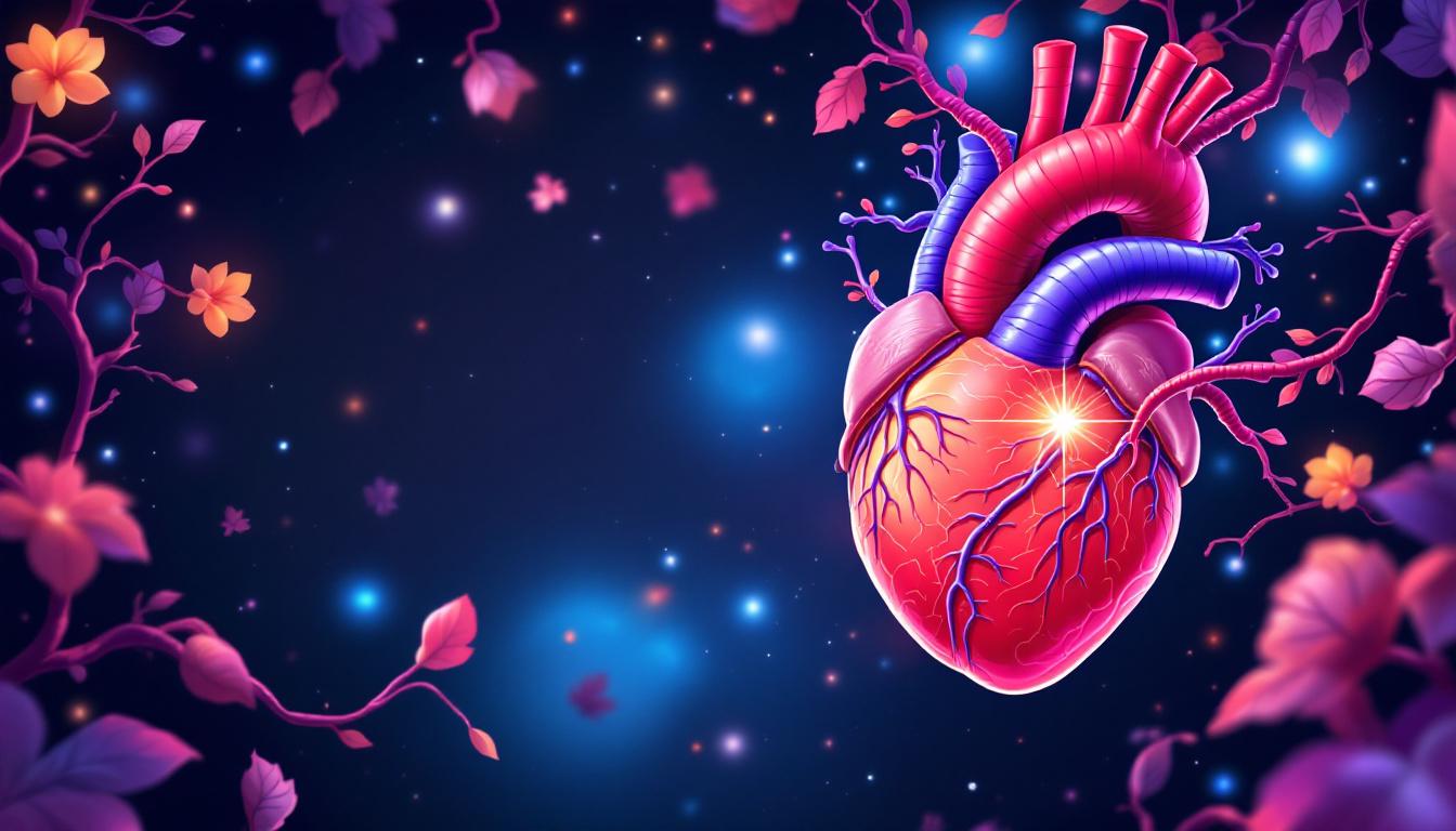 A stylized anatomical human heart glows amid flowering vines and glittering lights against a dark blue background.