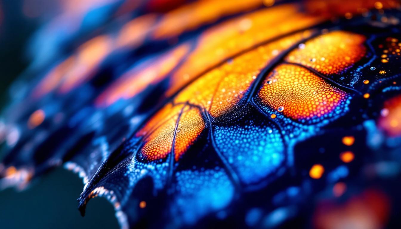 Macro view of a butterfly wing featuring intricate glowing orange and electric blue scales with delicate dark veins.