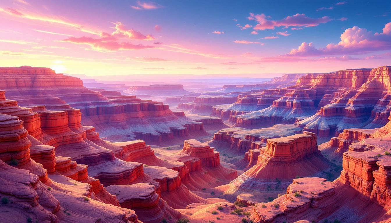Layered red rock canyons stretch across the landscape beneath a glowing pink and purple sunset sky.