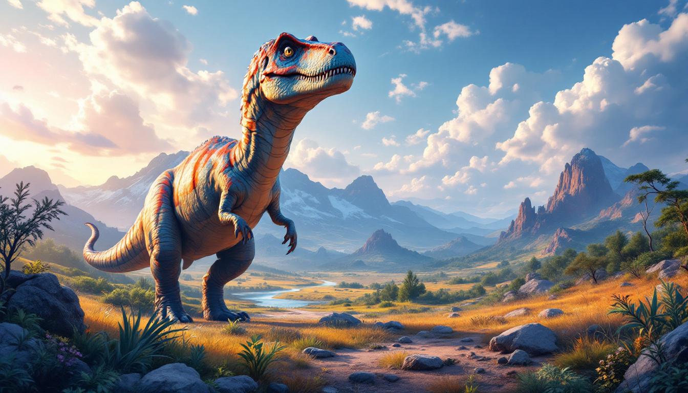 A large theropod dinosaur stands in a vast prehistoric valley with distant mountains, a winding river, and a cloudy sky.