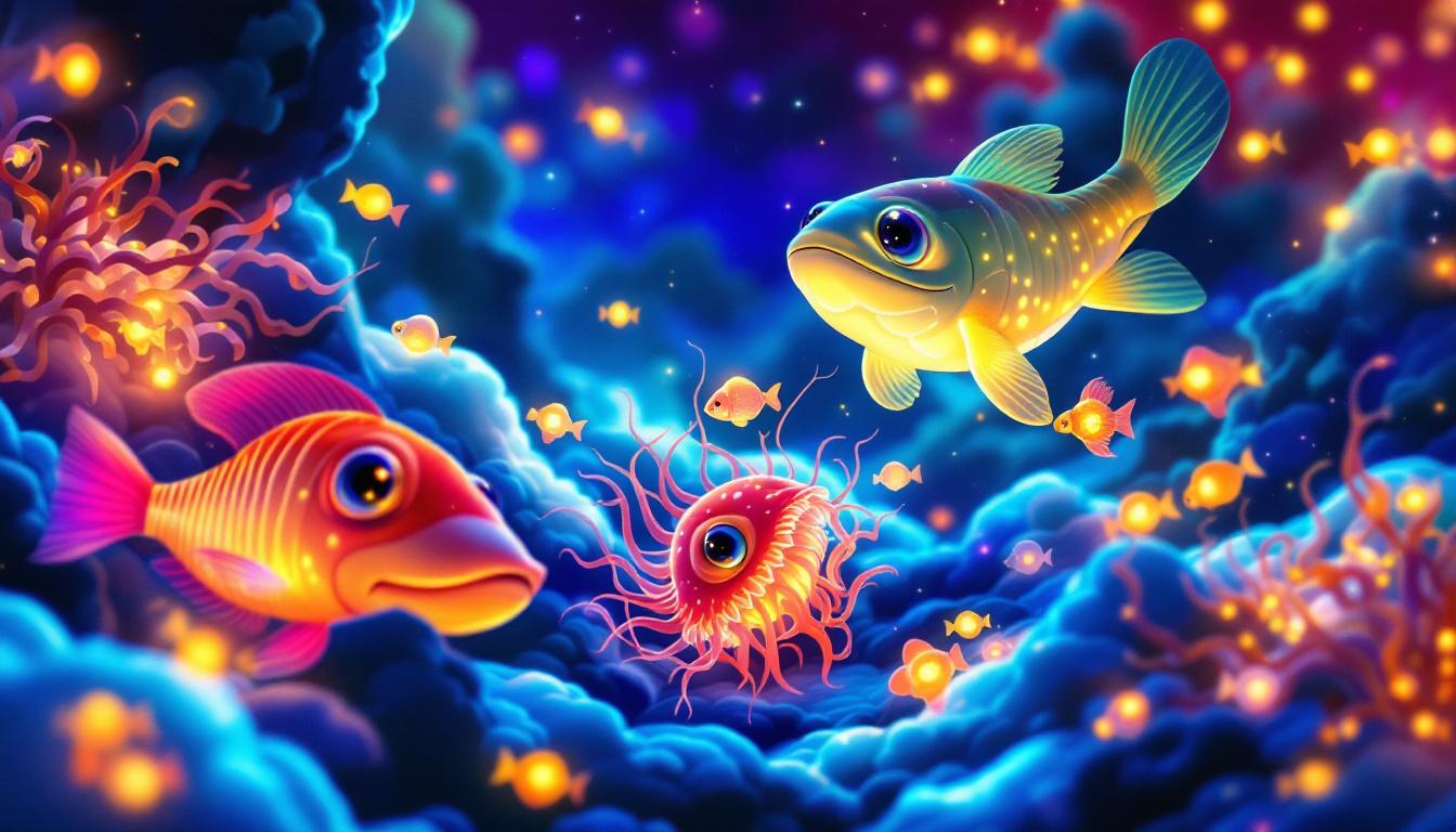Colorful, glowing cartoon fish and a tentacled creature swim amid floating lights in a deep blue fantasy ocean.