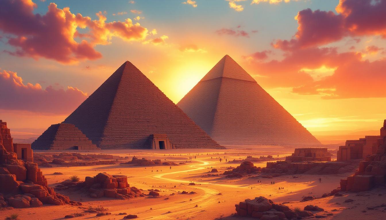 Ancient pyramids and desert ruins are bathed in the golden glow of a brilliant sunset beneath scattered clouds.