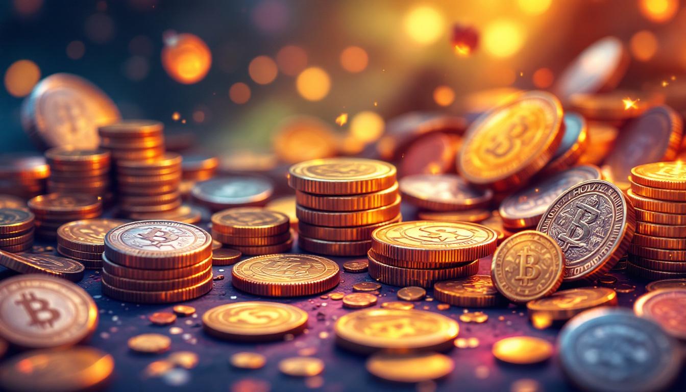 Golden coins resembling cryptocurrency are stacked and scattered across a dark surface against glowing bokeh lights.