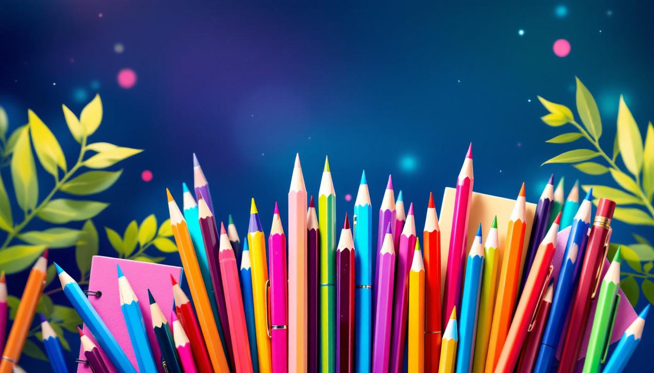 Colorful pencils and stationery stand in a row against a deep blue background adorned with green leaves and glowing lights.