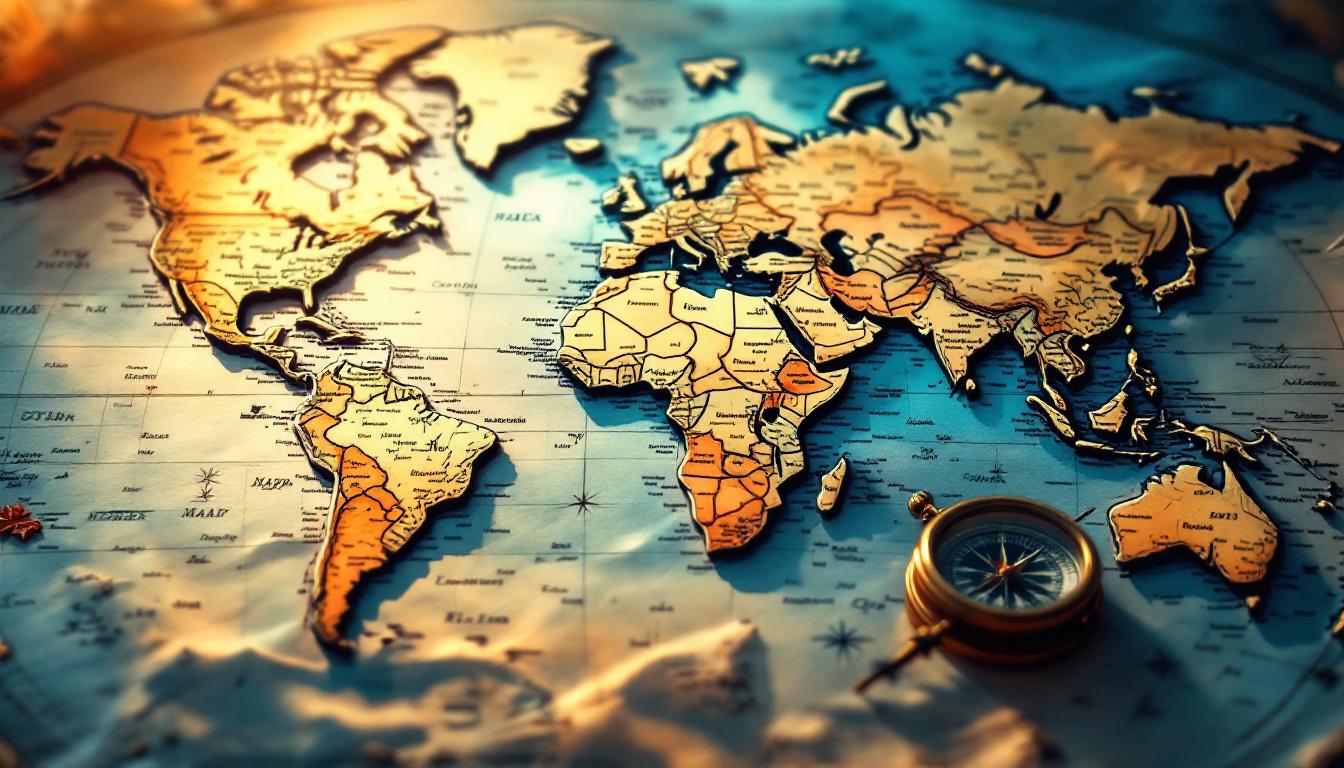 A vintage-style world map with layered continents, with an antique brass compass resting on the ocean surface.