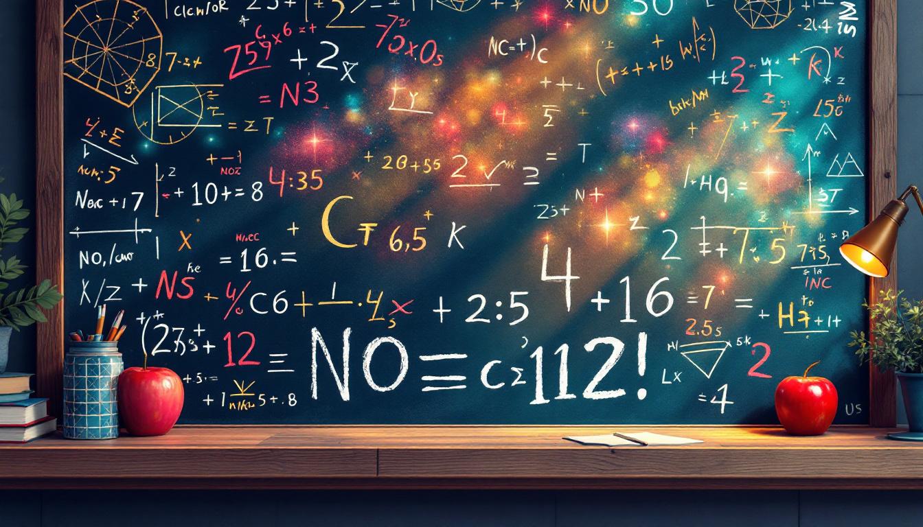 A blackboard covered in colorful math equations sits behind a wooden desk with red apples, stationery, and a desk lamp.