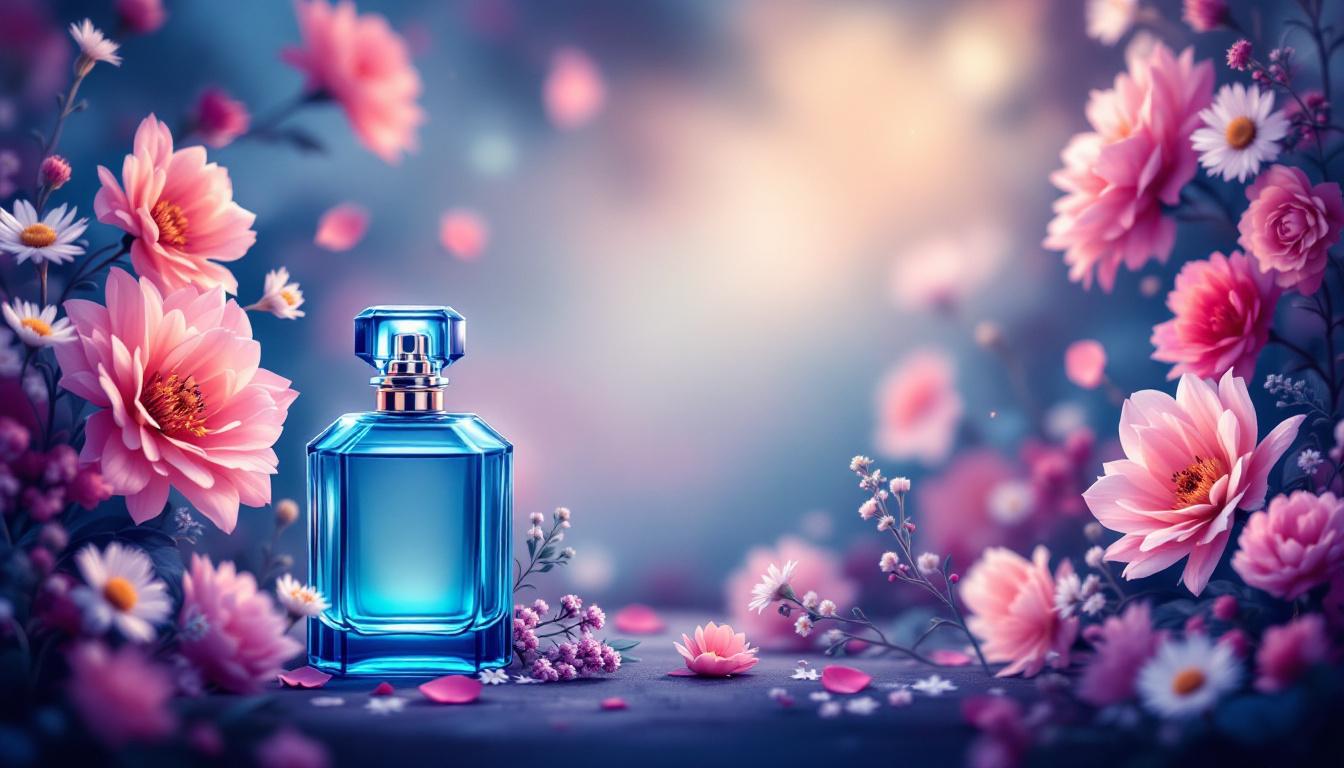 A blue glass perfume bottle sits among blooming pink and white flowers against a soft, dreamy floral background.