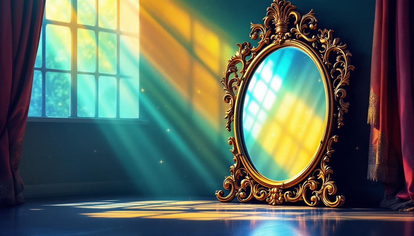 An ornate golden oval mirror stands in a room as warm sunlight streams through a window, casting bright patterns on the floor.