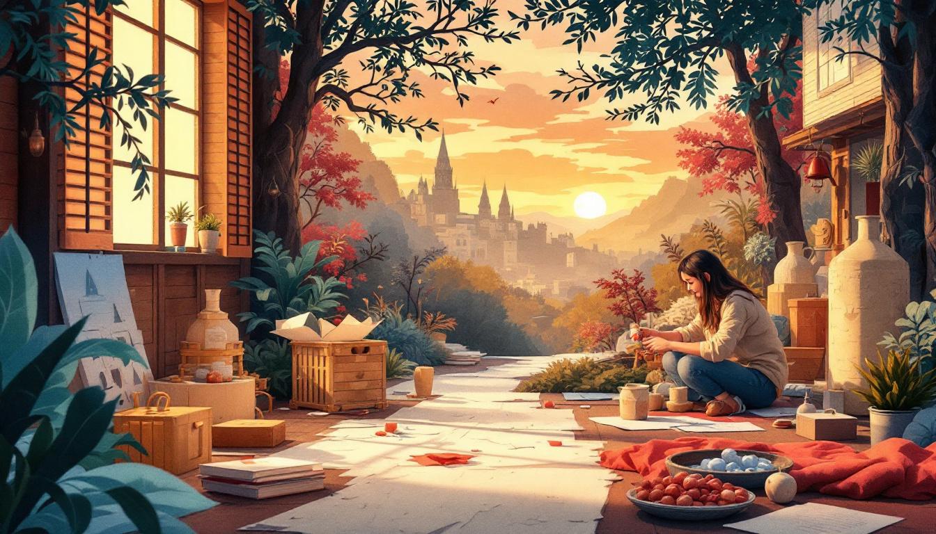 A woman sits on an outdoor terrace working with craft materials, surrounded by pottery and paper, with a castle at sunset.