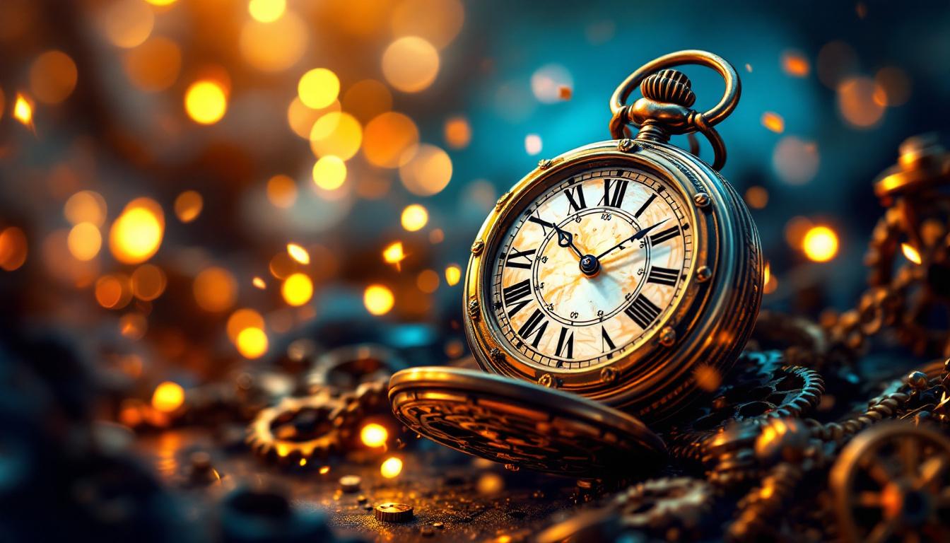 An antique gold pocket watch rests among scattered gears, surrounded by warm glowing bokeh lights.