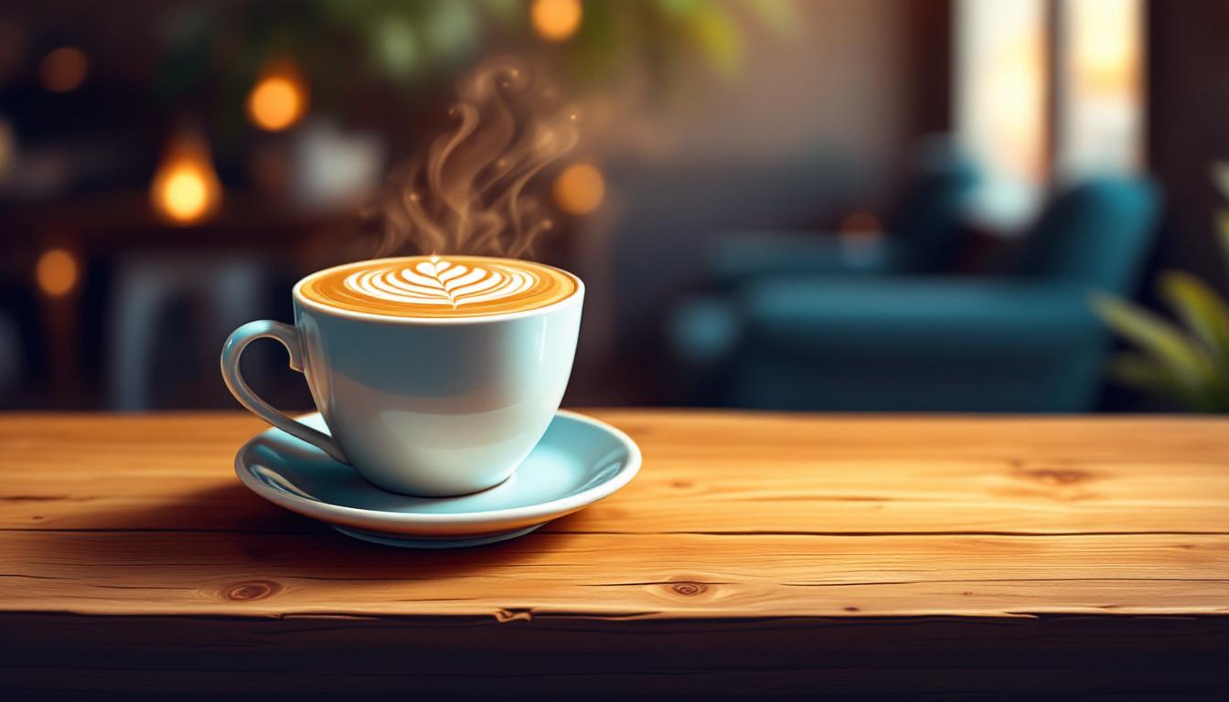 A steaming cup of latte with delicate latte art sits on a wooden tabletop in a softly blurred cafe.