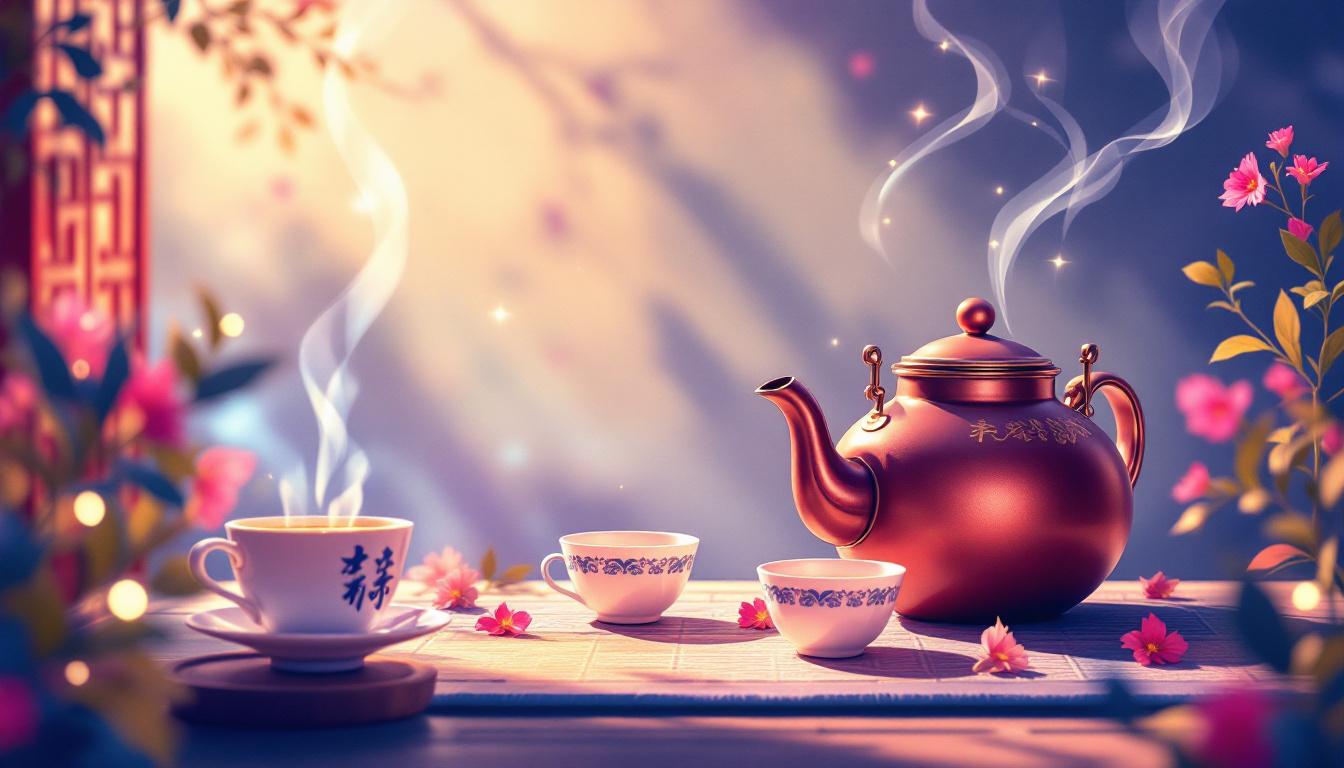 A copper teapot and steaming teacups sit on a table decorated with scattered pink blossoms in warm, glowing light.