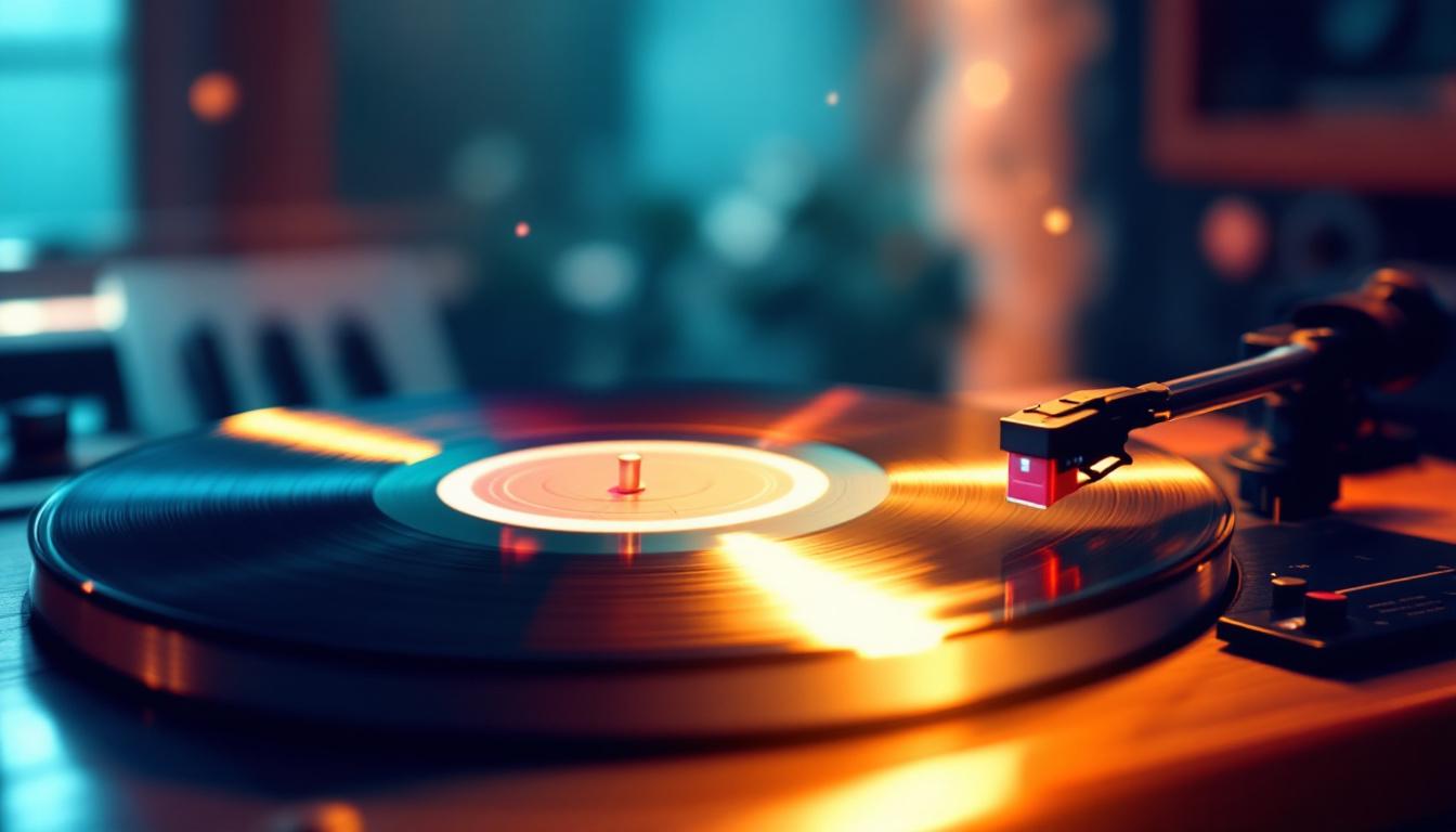 A black vinyl record spins on a turntable under warm and cool ambient light, with the needle positioned over the grooves.