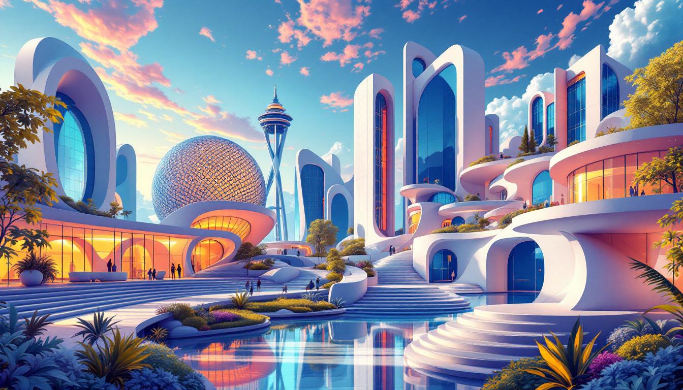 A futuristic cityscape features white curved buildings, a geodesic dome, an observation tower, and reflecting pools.