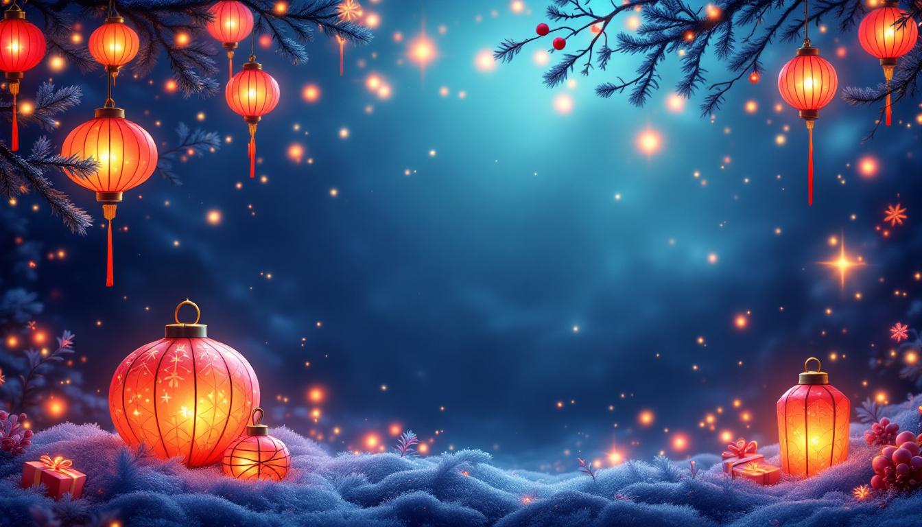 Red lantern-style ornaments glow on fresh snow under pine boughs against a sparkling blue night.
