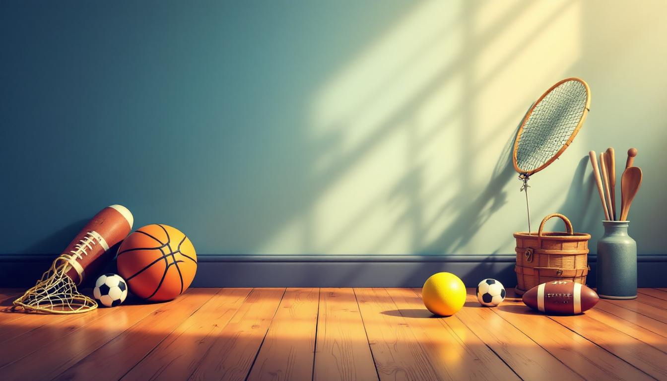 Vintage sports equipment, including a basketball, footballs, a racket, and a basket, rests on a sunlit wooden floor.