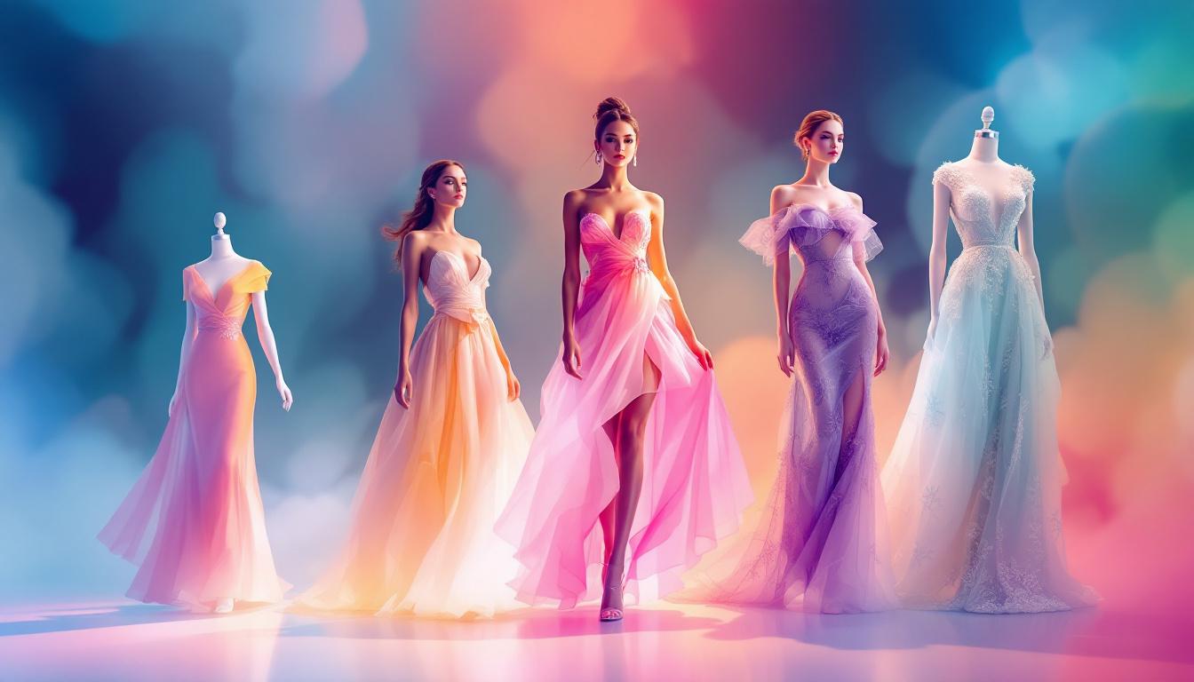 Models and mannequins display colorful, flowing evening gowns in a row against a vibrant, pastel bokeh background.