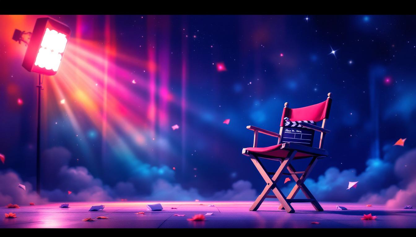 A director's chair with a clapperboard rests on a stage under a bright spotlight and vibrant colorful haze.