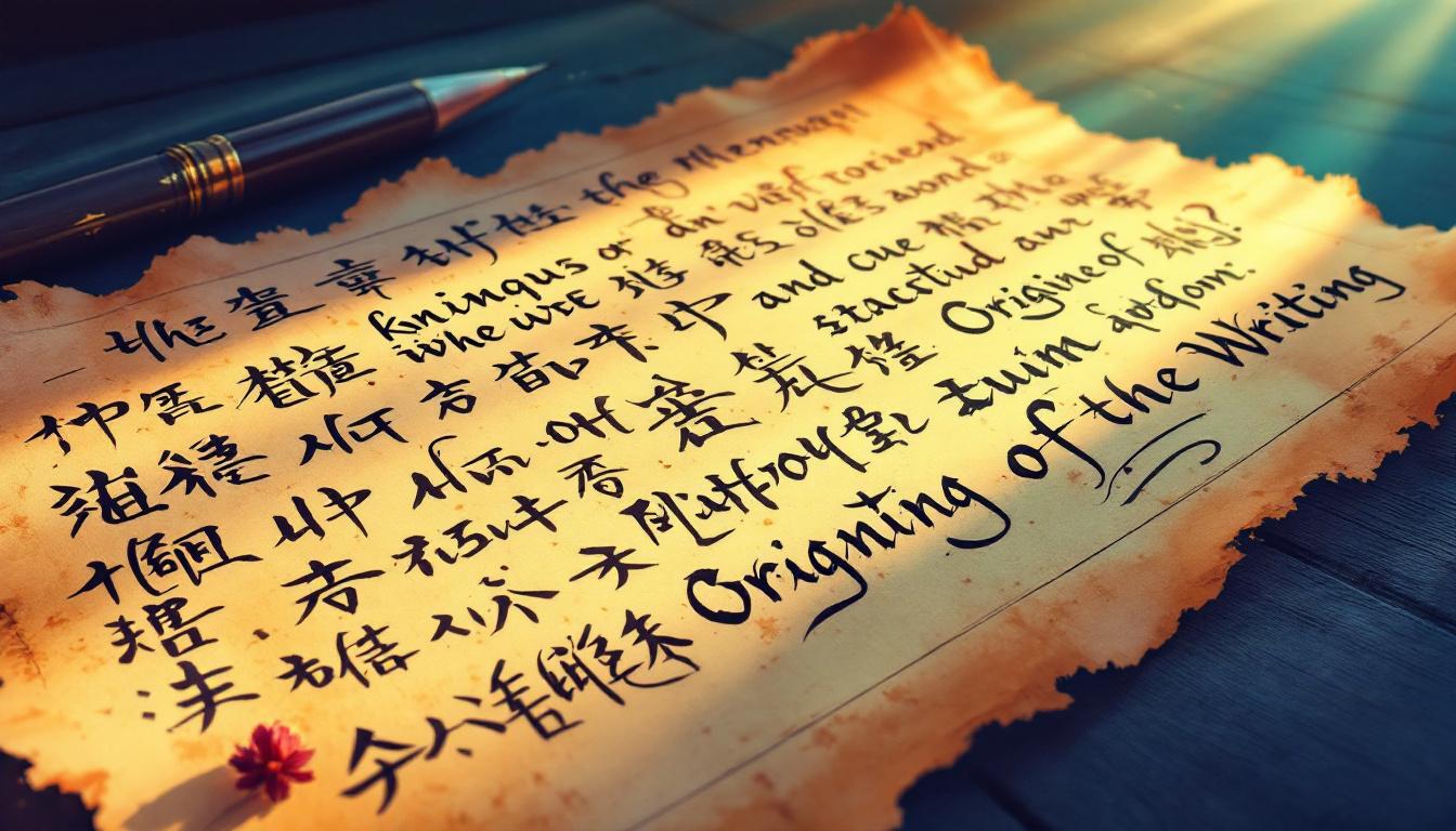 An aged sheet of torn parchment covered in handwritten calligraphy rests beside a fountain pen on a wooden desk.