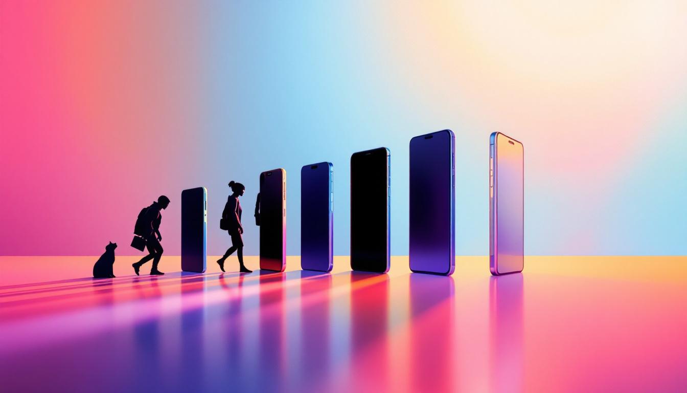 Smartphones of ascending heights line up with silhouettes of a cat and people on a colorful, reflective surface.