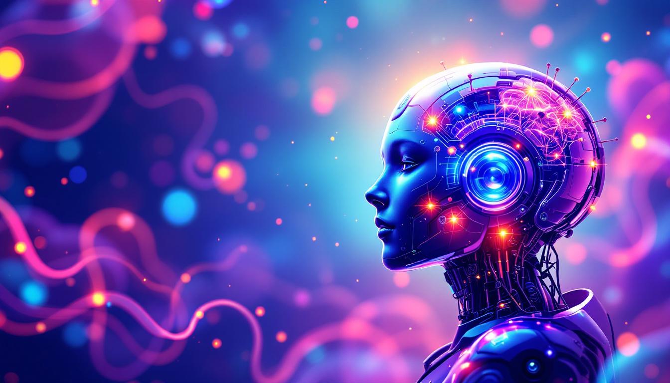 A futuristic humanoid robot in profile with glowing brain circuitry against a neon blue and purple bokeh background.