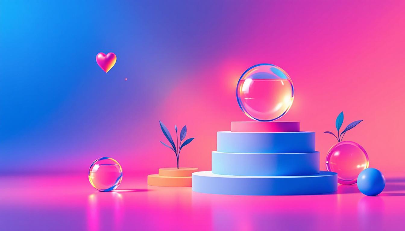 A glowing glass sphere rests on a tiered podium, surrounded by stylized plants and spheres under neon pink and blue light.