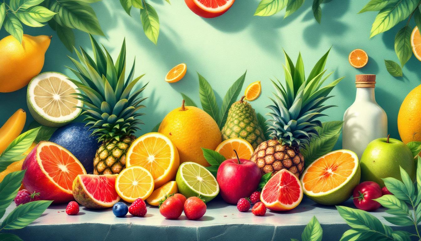 A colorful variety of fruits, including pineapples, citrus slices, apples, and berries, are arranged along a stone ledge.