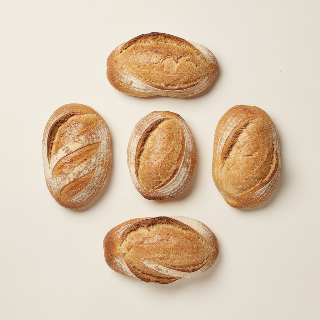 Five golden-brown, crusty artisan bread loaves with flour-dusted scored tops are arranged on a pale surface.