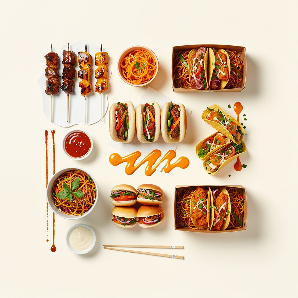 An assortment of Asian-fusion dishes, including grilled skewers, tacos, noodles, mini buns, and dipping sauces.