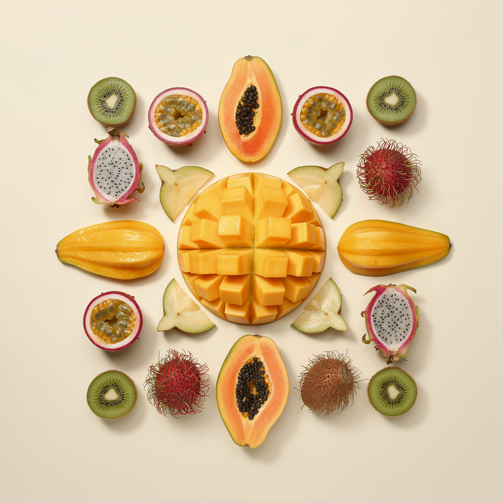 Tropical fruits arranged symmetrically around a scored mango half, with papaya, passion fruit, kiwi, and dragon fruit.