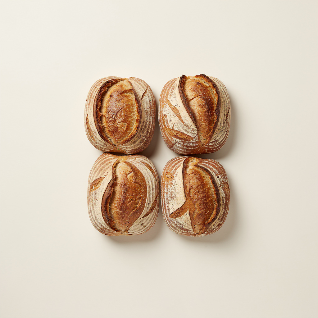 Four golden-brown artisan bread loaves with flour dustings and scored crusts arranged in a two-by-two grid.