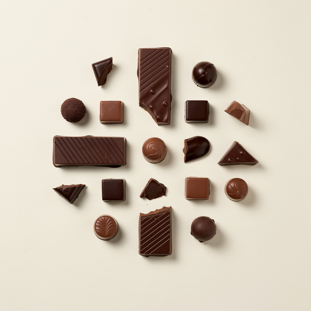 An assortment of dark and milk chocolates, truffles, and broken bars neatly arranged in a circular pattern.