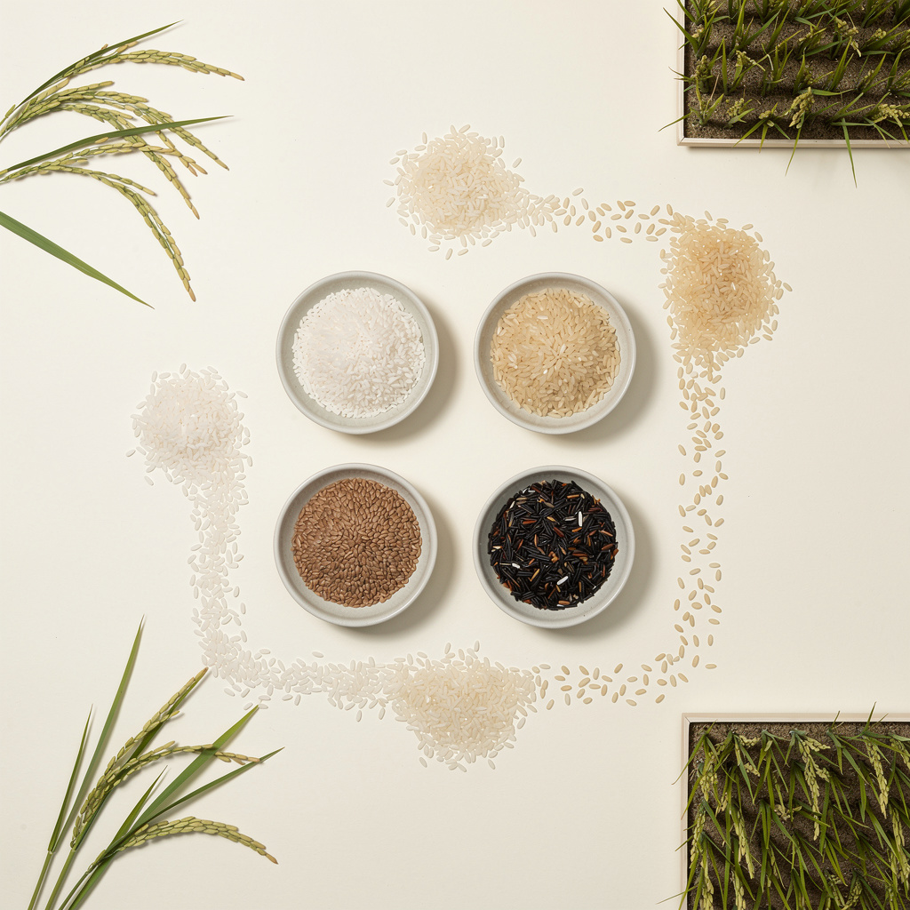 Four small bowls filled with different types of rice grains are surrounded by scattered rice and fresh rice stalks.
