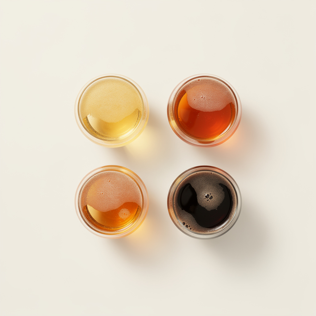 Four round glasses of beer in varying shades from pale gold to dark stout, viewed from directly above in a square grid.