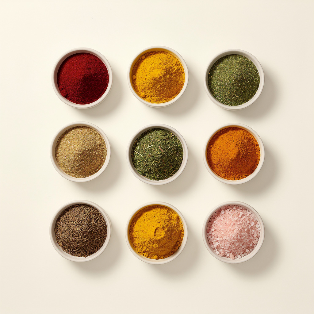 Nine small white bowls arranged in a 3x3 grid, each filled with different colorful spices, dried herbs, and pink salt.