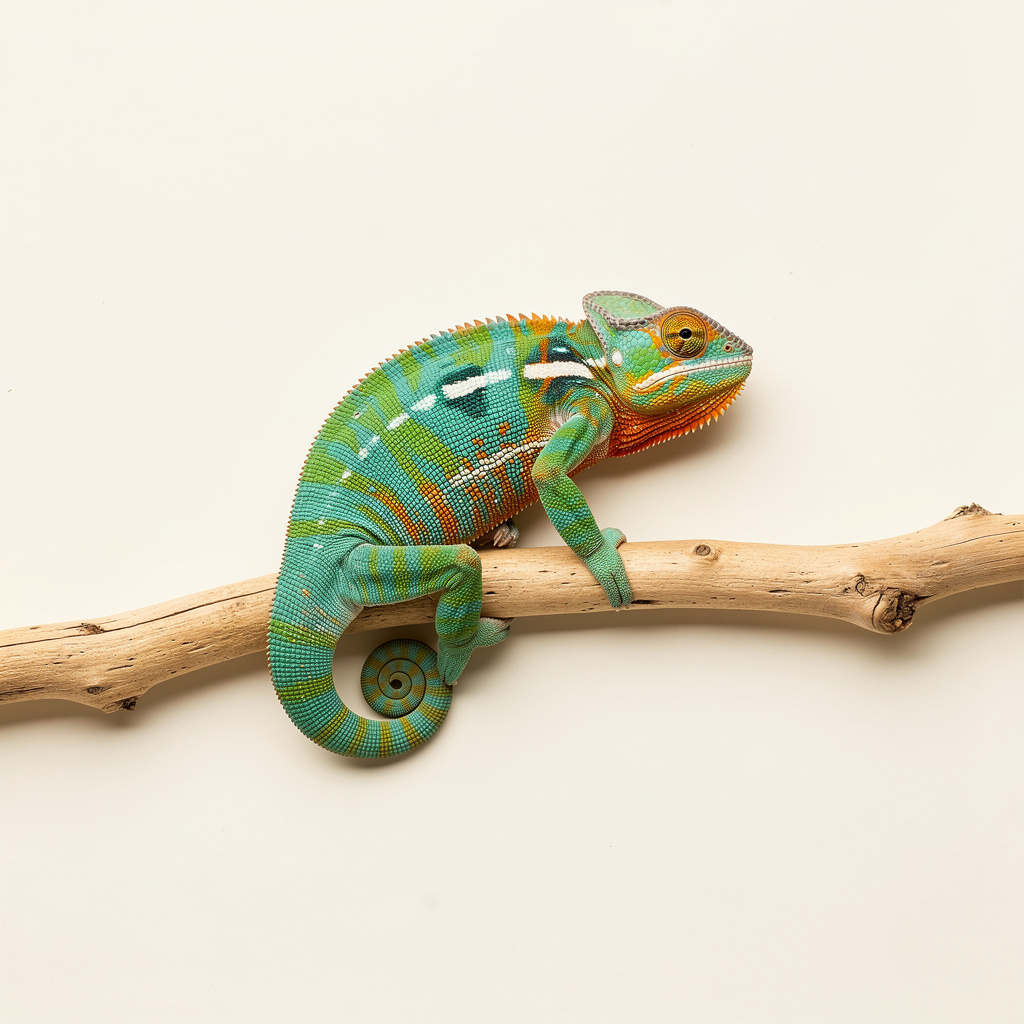 A colorful turquoise and orange chameleon perches on a bare wooden branch with its prehensile tail tightly curled.