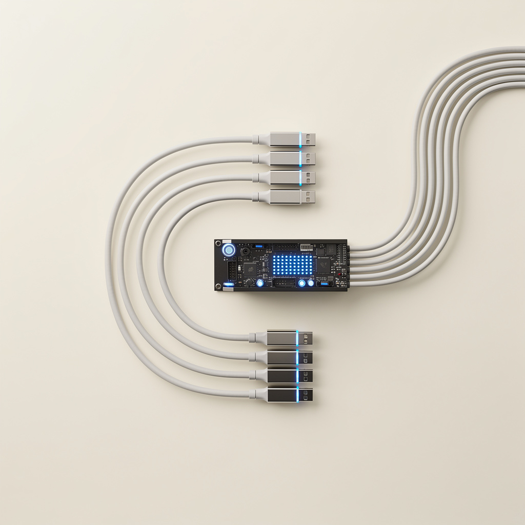 A black circuit board with glowing blue LEDs connects to neatly curved light-gray cables ending in USB plugs.