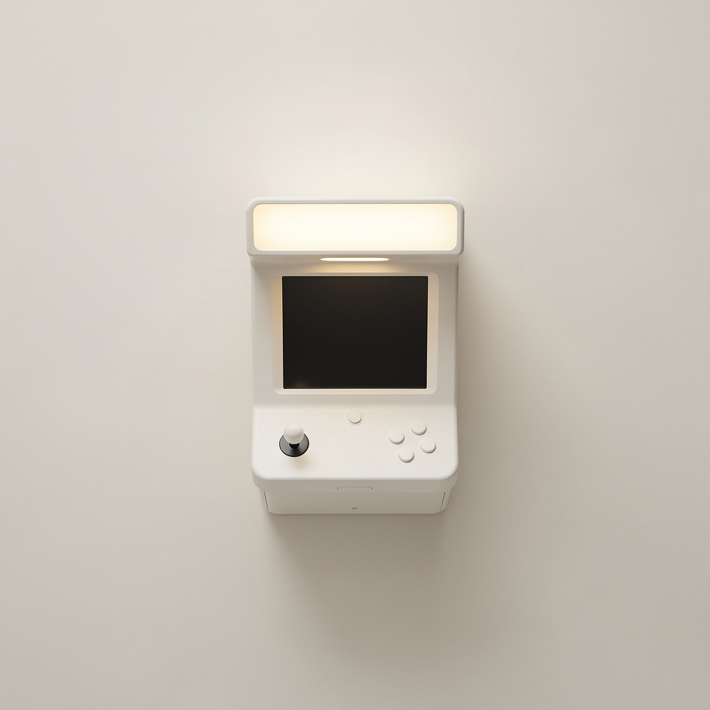 A minimalist white miniature arcade machine with a blank screen, a glowing marquee, a joystick, and buttons.