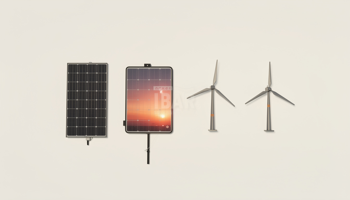 Two solar panels, one displaying a sunset reflection, sit lined up beside two miniature wind turbines.