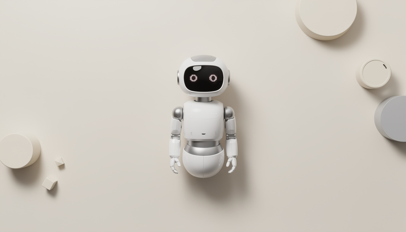 A white humanoid robot with glowing digital eyes on its black screen face, surrounded by minimalist geometric cylinders.