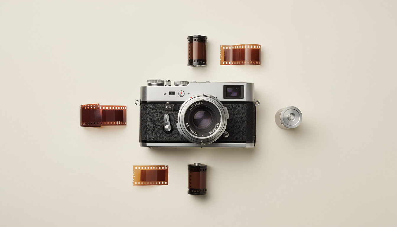 A vintage 35mm rangefinder camera surrounded by photographic film canisters and negative strips.