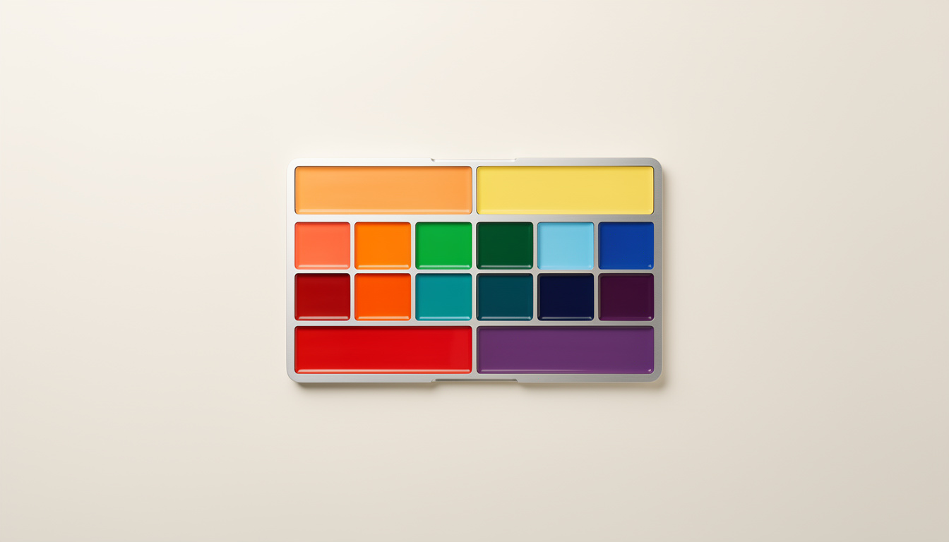 A rectangular paint palette with neat compartments filled with vibrant blocks of solid paint in various colors.