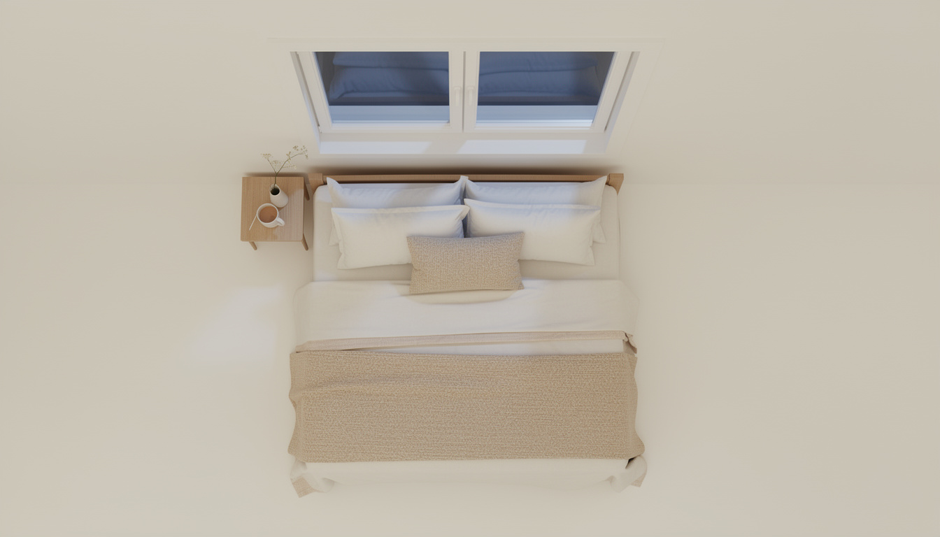 Top-down view of a neatly made bed with white and beige linens below a window, beside a nightstand with a mug.