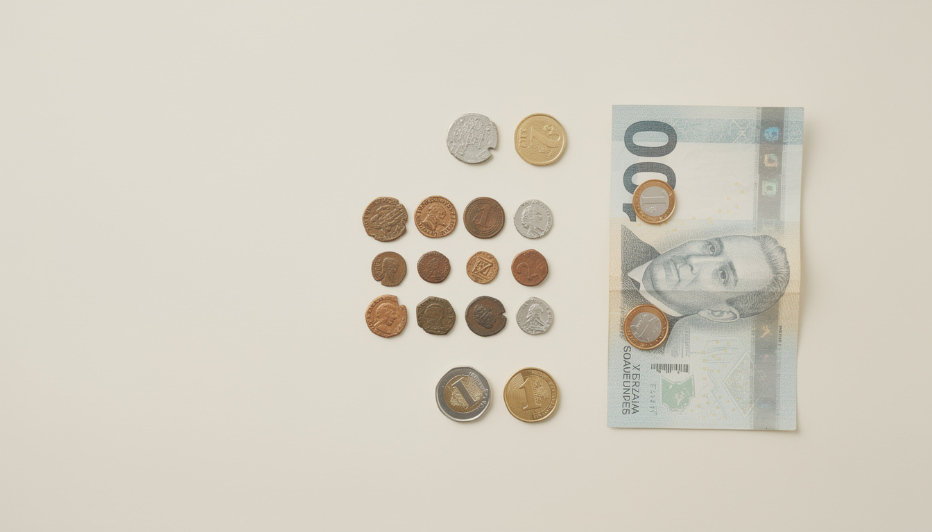 A collection of modern and antique coins, some with notched edges, laid out alongside a paper banknote.