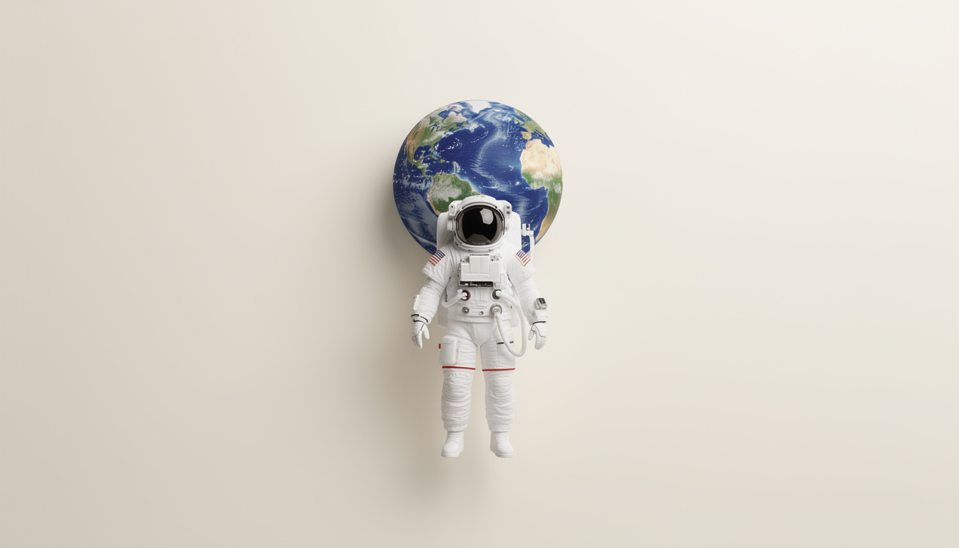 An astronaut in a white spacesuit floats directly in front of planet Earth.