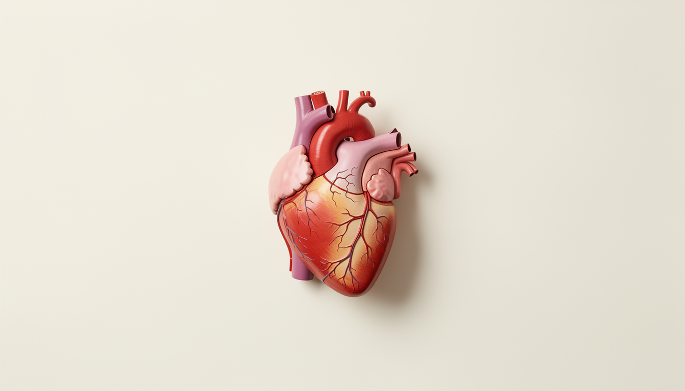 An anatomical model of a human heart showing the aorta, major blood vessels, and branching coronary arteries.