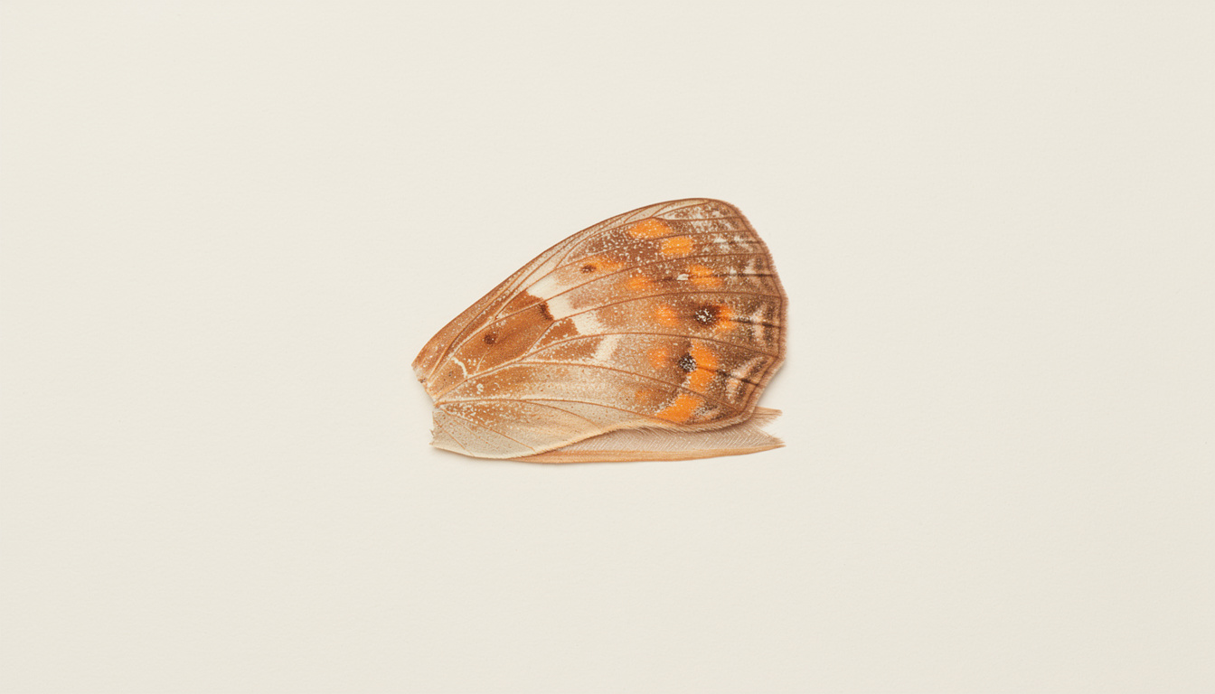 A detached butterfly wing displaying intricate brown, cream, and bright orange markings.