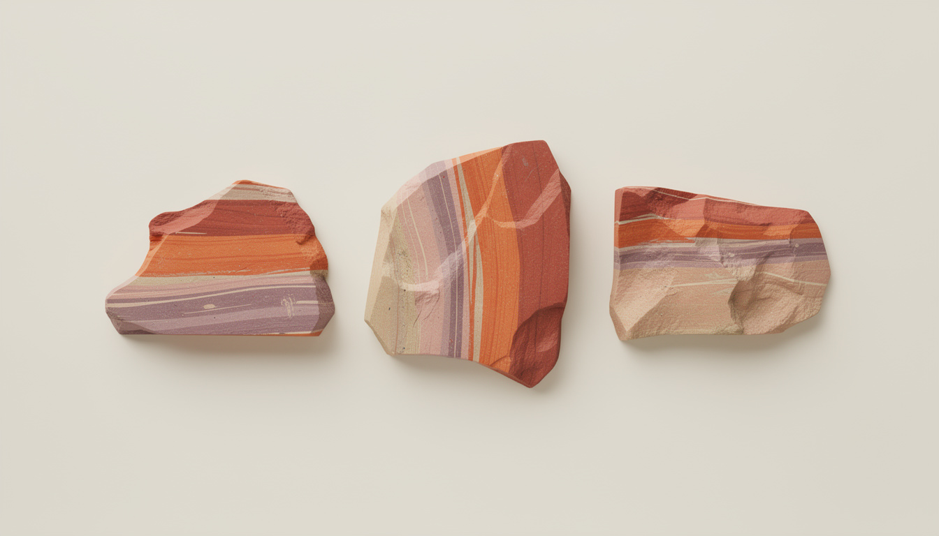 Three pieces of banded rock display vivid layers of red, orange, purple, and tan across their rough surfaces.