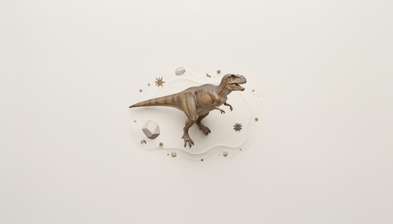 A Tyrannosaurus rex figurine stands on a patch of sand surrounded by faceted stones and small dried plants.