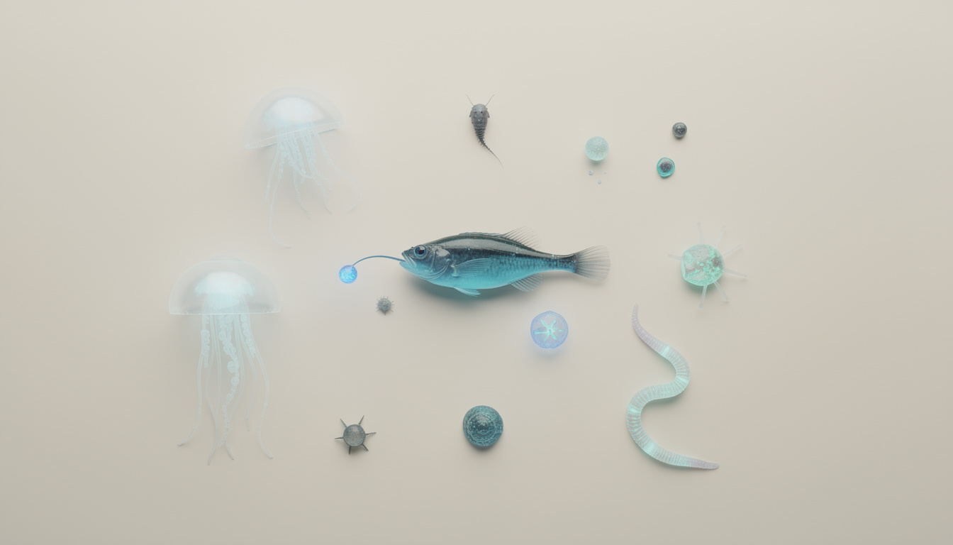 A bioluminescent anglerfish is surrounded by translucent jellyfish, a glowing sea worm, and tiny marine organisms.